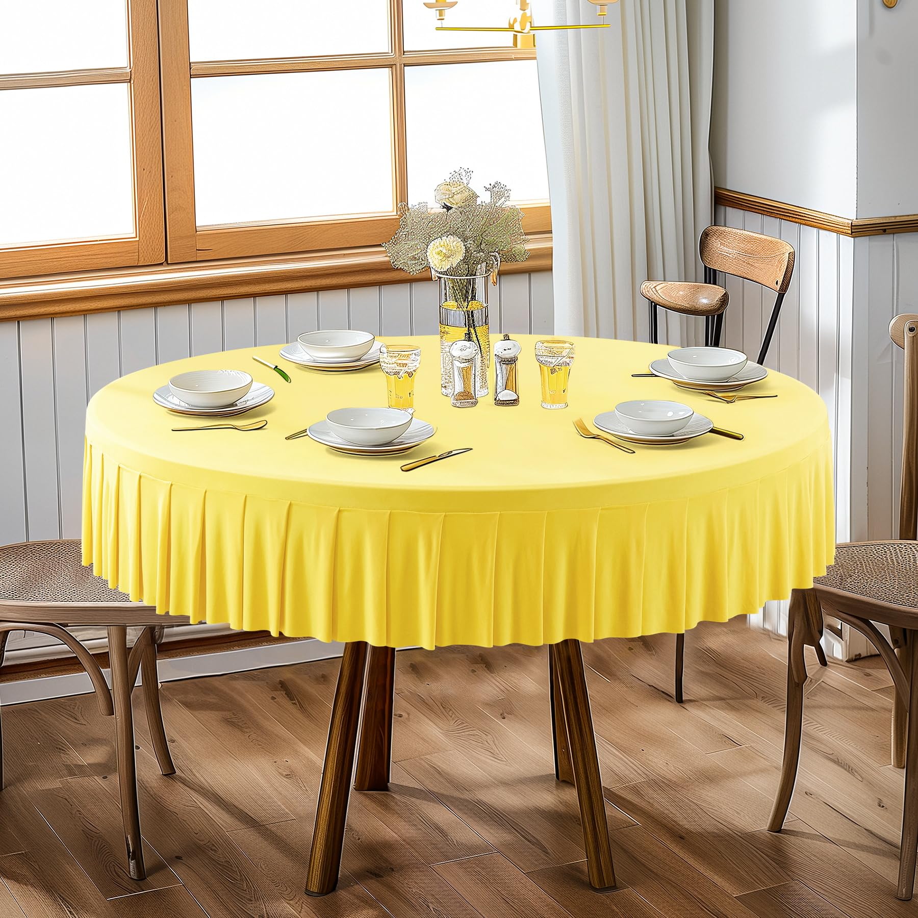 2 Pack Yellow Round Spandex Tablecloth for 72 inch Table, Wrinkle Free Stretchy 120inch Fitted 6FT Round Table Cloths Cover with Skirt for Wedding Birthday Party Dining Banquet Events