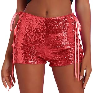 Women's Sequin Shorts Sparkly Y2K Party Glitter Mid Rise Side Lace Up Night Out Sparkly Mini Shorts Rave Club Outfits