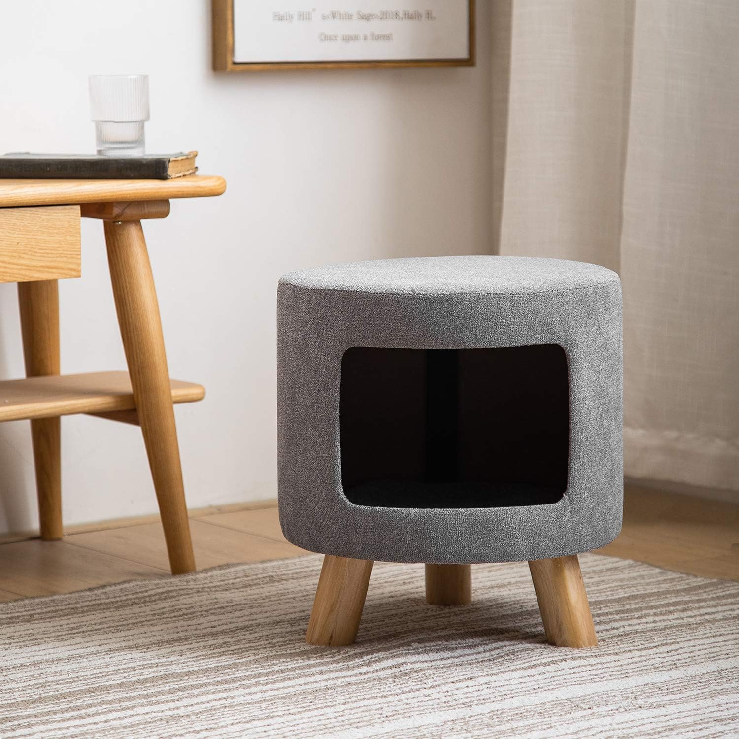 HuiDao Cat Condo Ottoman Round Foot Stool Ottoman with Cave and Inner Pad, Small Dog and Cat House Ottoman (Gray) : Pet Supplies