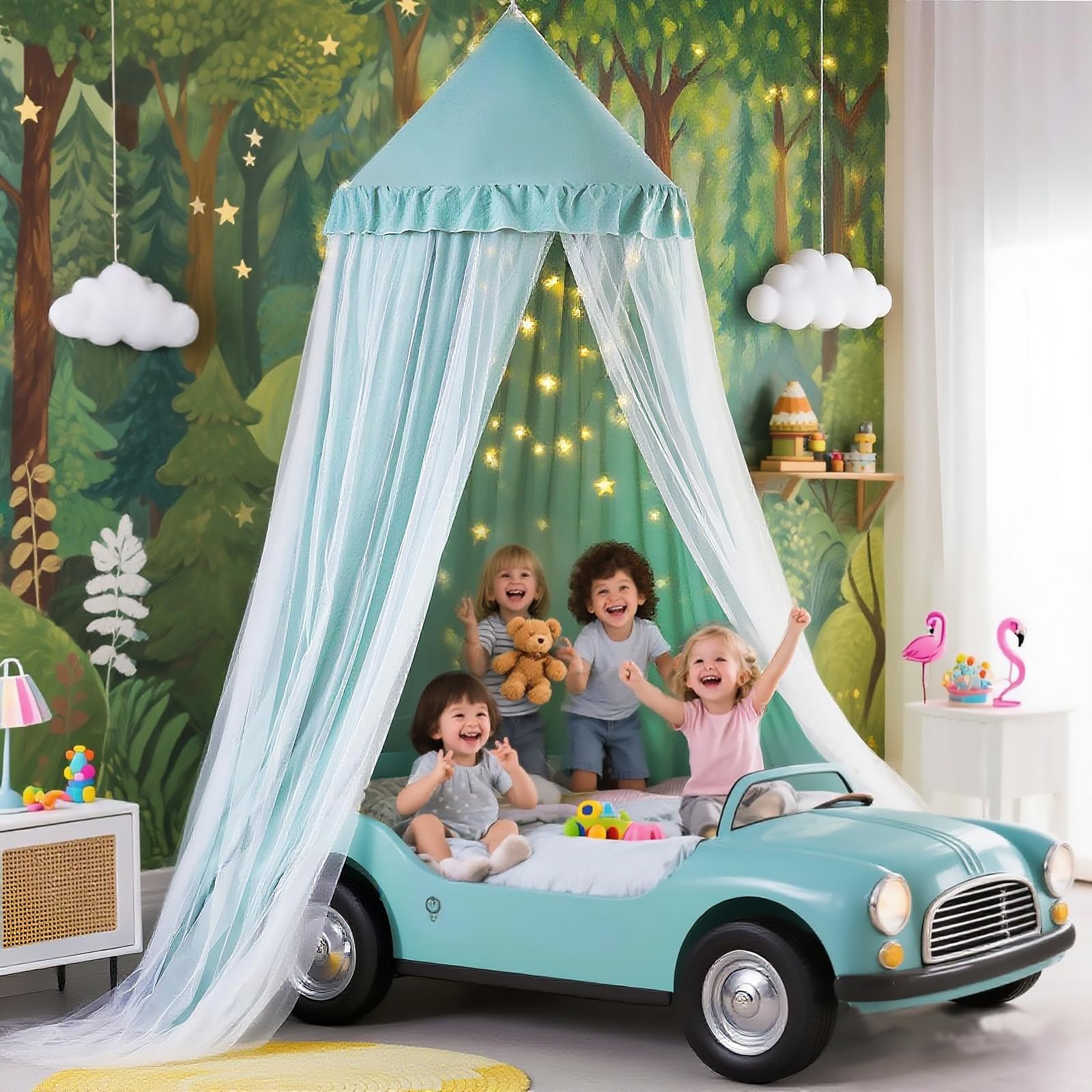 Photo 1 of Kertnic 31.5inch Large Dome Bed Canopy for Girls, Double Layer Dreamy Ruffle Princess Canopy, Bedroom Hanging Tent Kids Reading Nook Canopies,Full Queen Bed Canopy Curtain (Green)