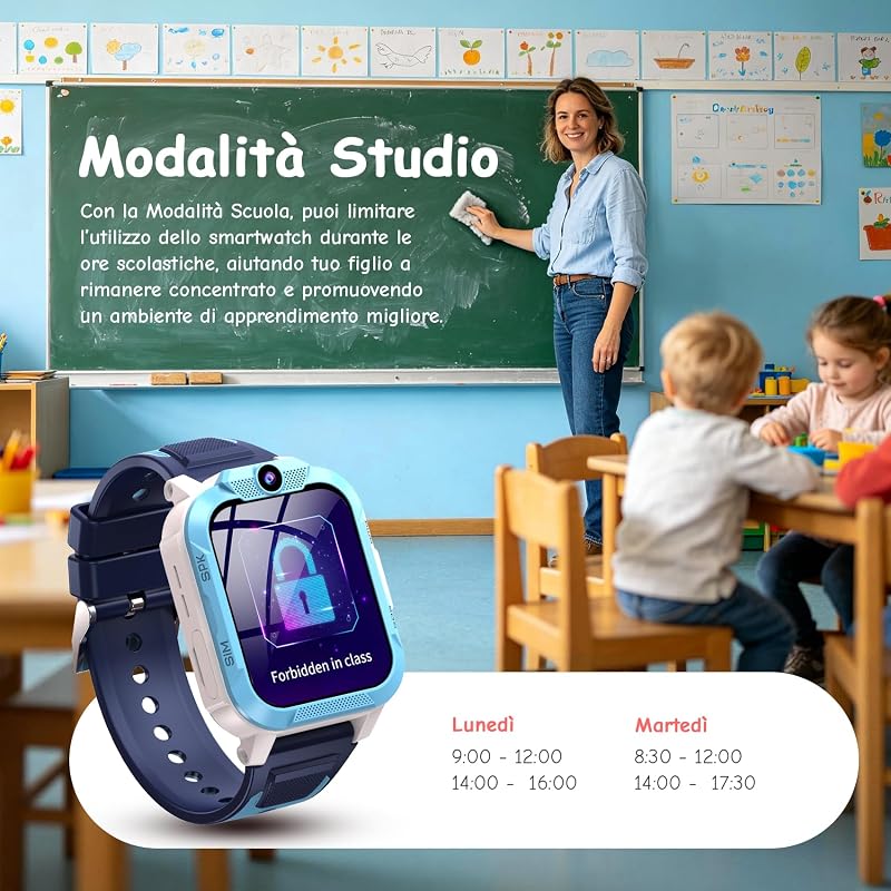 Smartwatch Bambini 4G con Videochiamata HD, 1.85" Orologio Telefono Bambini con GPS, WiFi e LBS, SOS, Batteria 850mAh, Modalità Scuola, Contapassi, Sveglia, IP68 Impermeabile, 5-12 Anni, Blu — foto 6 di 8