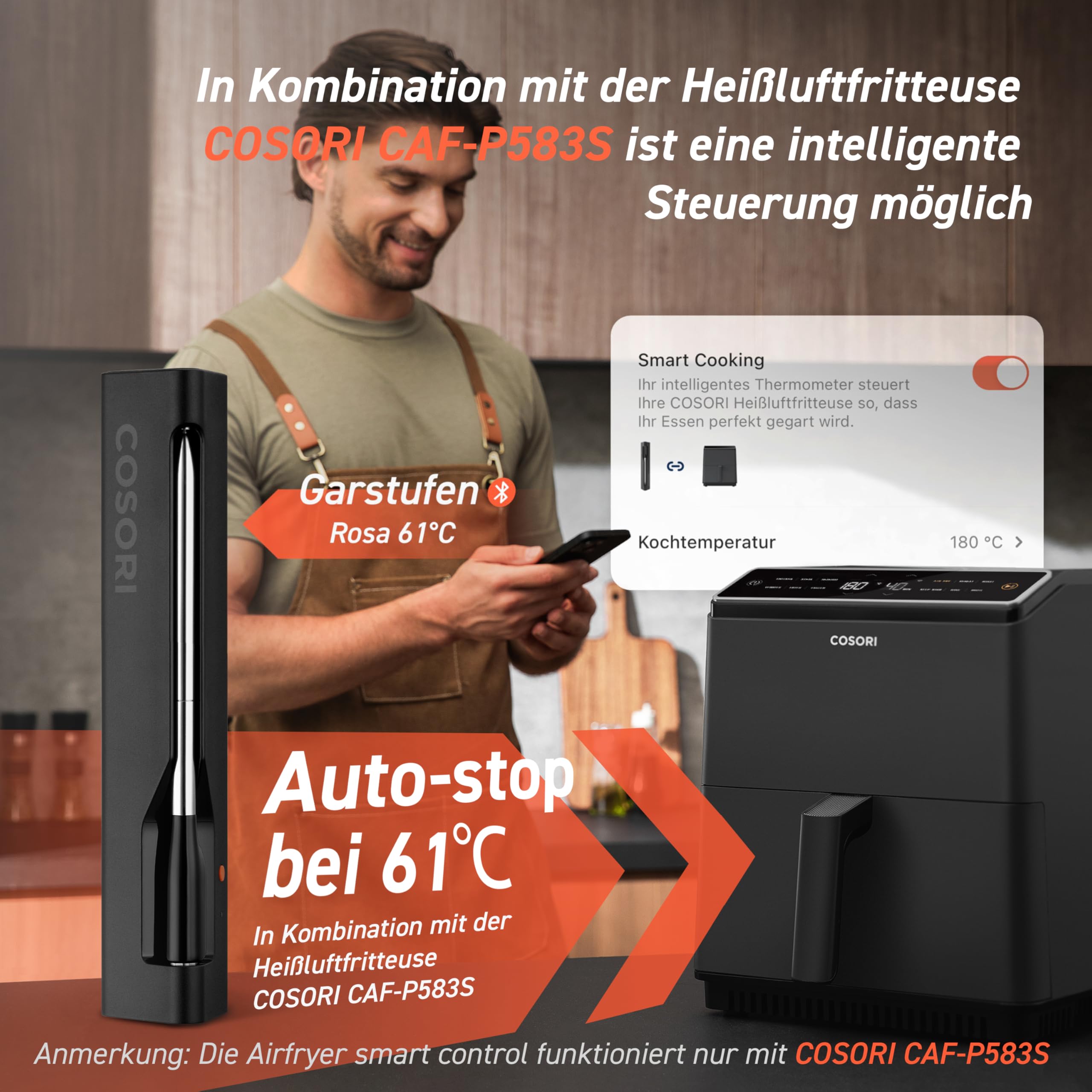 COSORI Erstes Smartes Fleischthermometer, Kabelloses Grillthermometer Bluetooth, perfekt für Heißluftfritteuse, Bratenthermometer für Küche und Grill, Spülmaschinenfest, Schwarz 2
