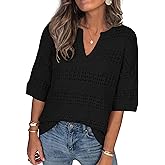 PRETTYGARDEN Womens Crochet Tops Casual Cotton Hollow Out Knit Short Sleeve Oversized Sweater for Women Summer Beach Cover Up