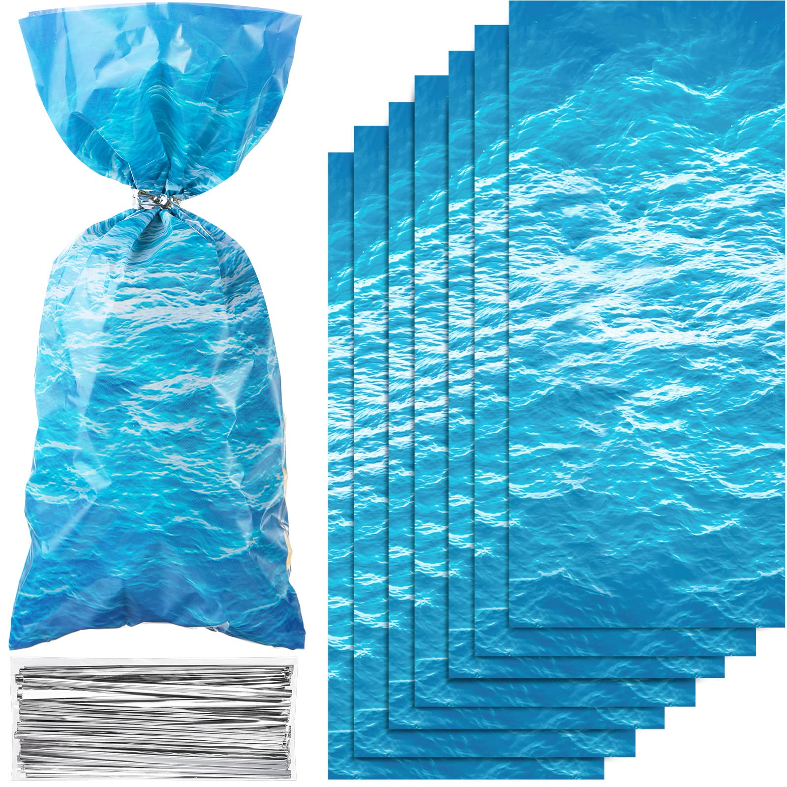 Photo 1 of 100 Pieces Ocean Waves Cellophane Treat Bags Under the Sea Blue Ocean Party Goodie Candy Bag with 100 Twist Ties for Beach Pool Birthday Summer Mermaid Party Decoration Baby Shower Supplies