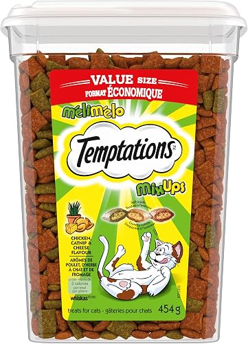 TEMPTATIONS Mix-Ups Cat Treats, Chicken, Cheddar & Catnip Flavour, 454g tub | Crunchy outside, soft inside, no artificial flavours, under 2 calorie per treat, 100% nutritionally complete and balanced