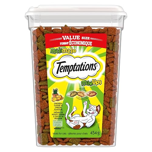 TEMPTATIONS Mix-Ups Cat Treats, Chicken, Cheddar & Catnip Flavour, 454g tub | Crunchy outside, soft inside, no artificial flavours, under 2 calorie per treat, 100% nutritionally complete and balanced