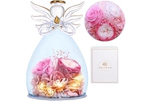 ANLUNOB Gifts for Mon Preserved Flower Angel Figurines for Women Artificial Flowers Gifts for Her LED Light Pink Rose Forever Rose for Wife Mom Birthday Gifts Preserved Rose