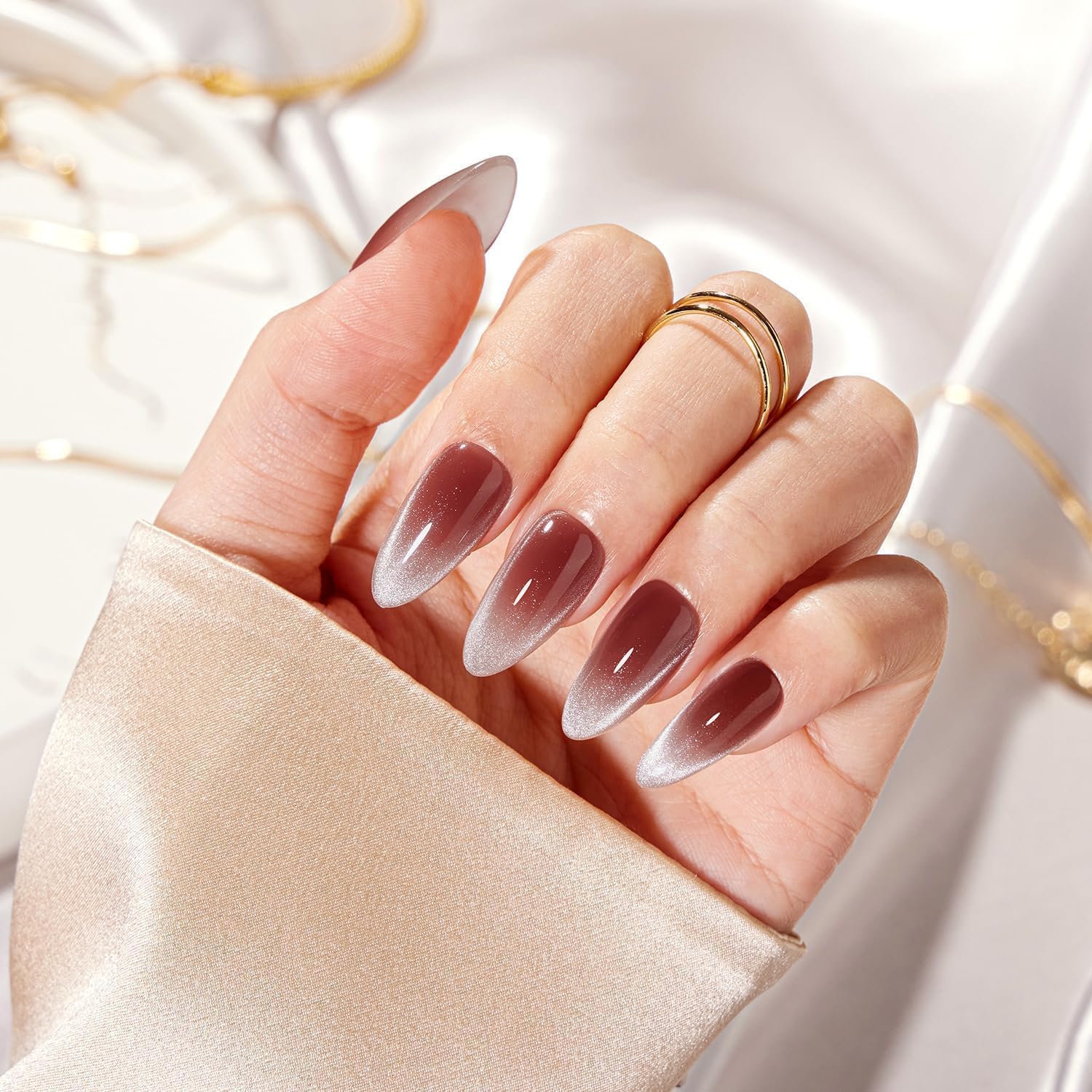 Photo 1 of VSALON Almond Medium Press on Nails, Red Maroon Ombre French Tip Cat Eye Glossy Glitter Semi-Transparent False Nails, Reusable 32 PCS in 16 Sizes Gel Fake Nails Kit with Glue & Cuticle Oil