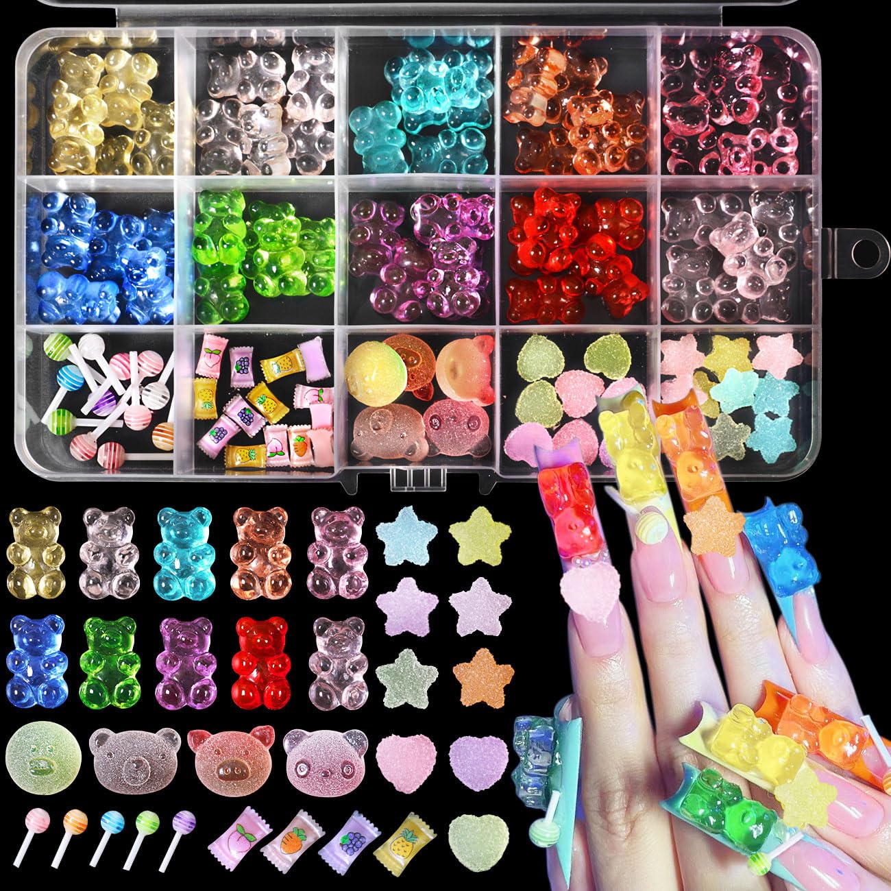 3D Mix Assorted Color Multi Cute Nail Art Charms Hollow Candy Jewelry Nail Supplies for DIY Crafts Accessories (Colorful Bear)