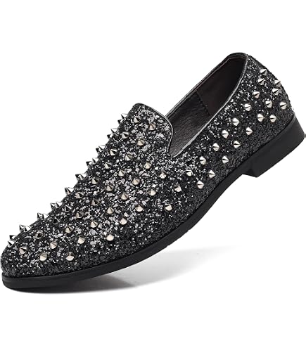 SPK24 Men Vintage Spikes Sparkle Formal Tuxedo Stage Fashion Slip On Loafer Dress Shoes (Black 29, Numeric_6_Point_5)