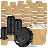 Uiifan 100 Set 4oz Disposable Espresso Cups with Lids Ripple Corrugated Paper Disposable Coffee Insulated Hot Ripple Cups for hot Chocolate, Tea, and Cocoa Drinks(Kraft Paper Color)