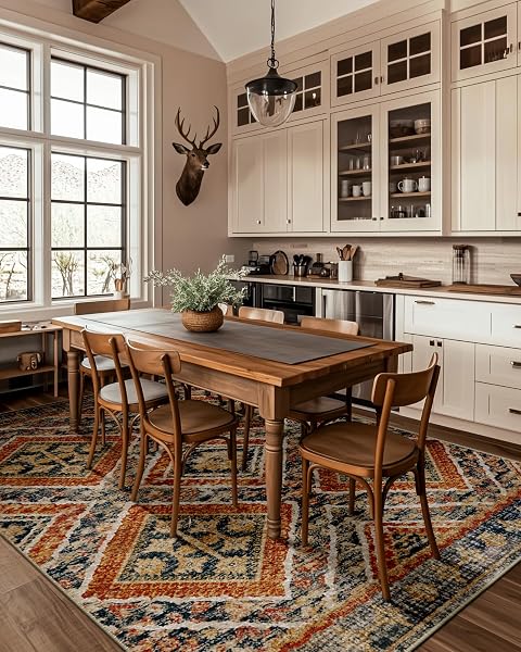 AREA RUG 6X9 RUG MACHINE WASHABLE NON-SLIP LOW PILE PRINT PATTERN WESTERN RUG FALL RUG FOR LIVING ROOM BEDROOM ENTRYWAY TRIBAL SERIES -ORANGE/BROWN