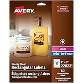 Avery Rectangular Labels, 2" x 3", Glossy Clear, Rectangle, 80 Labels, for Laser/Inkjet Printers, Permanent (22822) Made in C