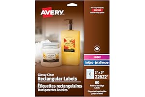 Avery Rectangular Labels, 2" x 3", Glossy Clear, Rectangle, 80 Labels, for Laser/Inkjet Printers, Permanent (22822) Made in C