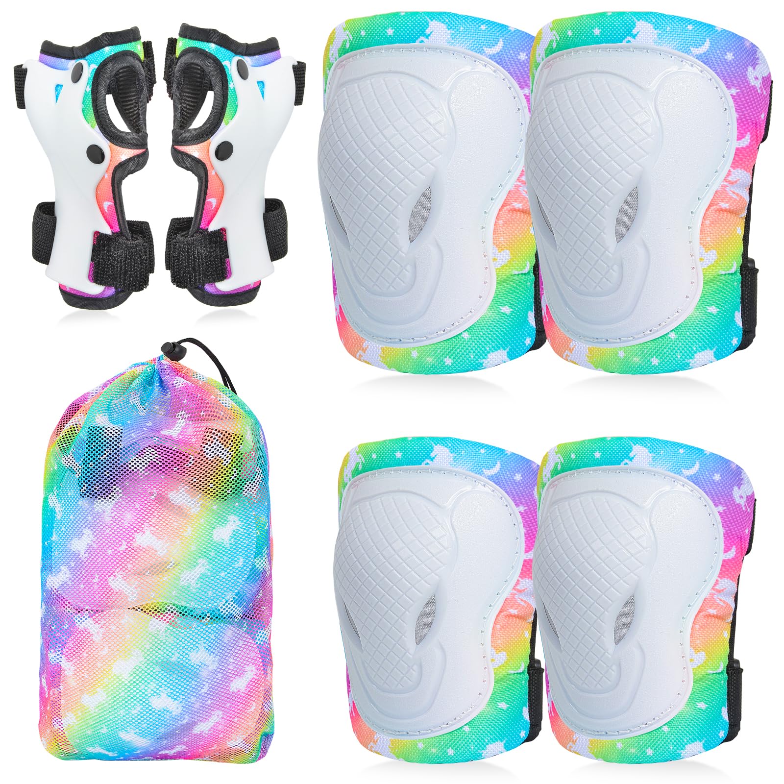 AuSletie 7 in 1 Kids Protective Gear Set for 3-8 Years, Kids Girls Knee Pads and Elbow Pads with Wrist Guards and Adjustable Strap for Skateboard, Roller Skating,Bicycle, Scooter, Cycling(Mermaid)