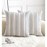 Cethom Decorative Boho Throw Pillow Covers, Farmhouse Textured Pillow Case, 18 x 18 Inch Set of 2, Chair Sofa Bedroom Living Room Home Decor Couch Cushion Case, Classic Blue and Beige Striped