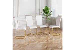 BAYSITONE Modern Dining Chairs Set of 4, PU Faux Leather High Back Upholstered Dining Room Side Chair with Horizontal Stripe Backrest Design for Kitchen Living Room Dinner Chairs, White with Gold Legs
