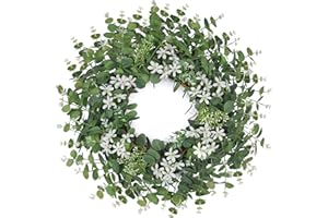 HOBYYOHIN 26'' Large Eucalyptus Wreaths for Front Door for All Seasons-Spring Summer Fall Autumn Winter Christmas Wreath,Neutral Everyday Greenery Wreath with Boxwood Leaves White Chrysanthemums for Decor