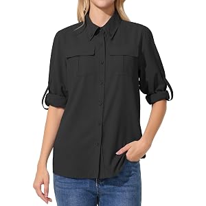 UIQUR Womens UPF 50 Sun Protection Shirts Fishing Shirts Quick Dry Roll-Up Sleeves Safari Shirts Black XS