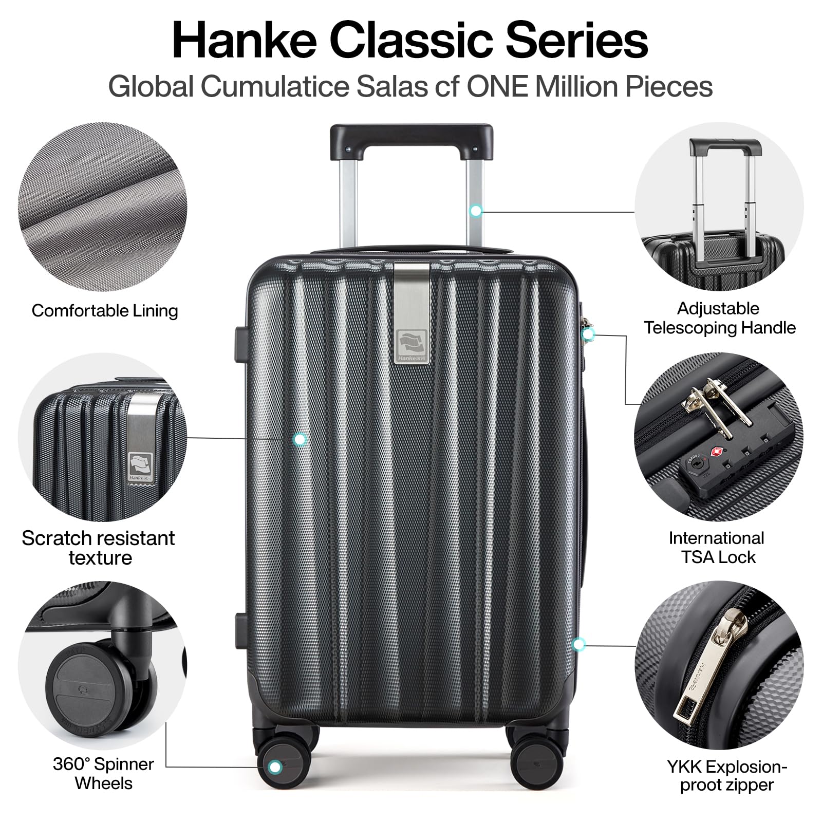 Hanke 20 Inch Carry On Luggage 22x14x9 Airline Approved Lightweight PC Hard Shell Suitcases with Wheels Travel Luggage Rolling Suitcase Travel Luggage Bag for Weekender(Jet Black)