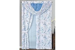 GOHD GOLDEN OCEAN HOME DECOR GOHD Painting Print,Farmhouse 6pcs Multi-Color Floral Window Curtain Set,50-Inch W x 90-Inch L Panels with Waterfall Valance and Voile Backing,Included 2pcs Fabric tie-Backs,Peaceful Blue