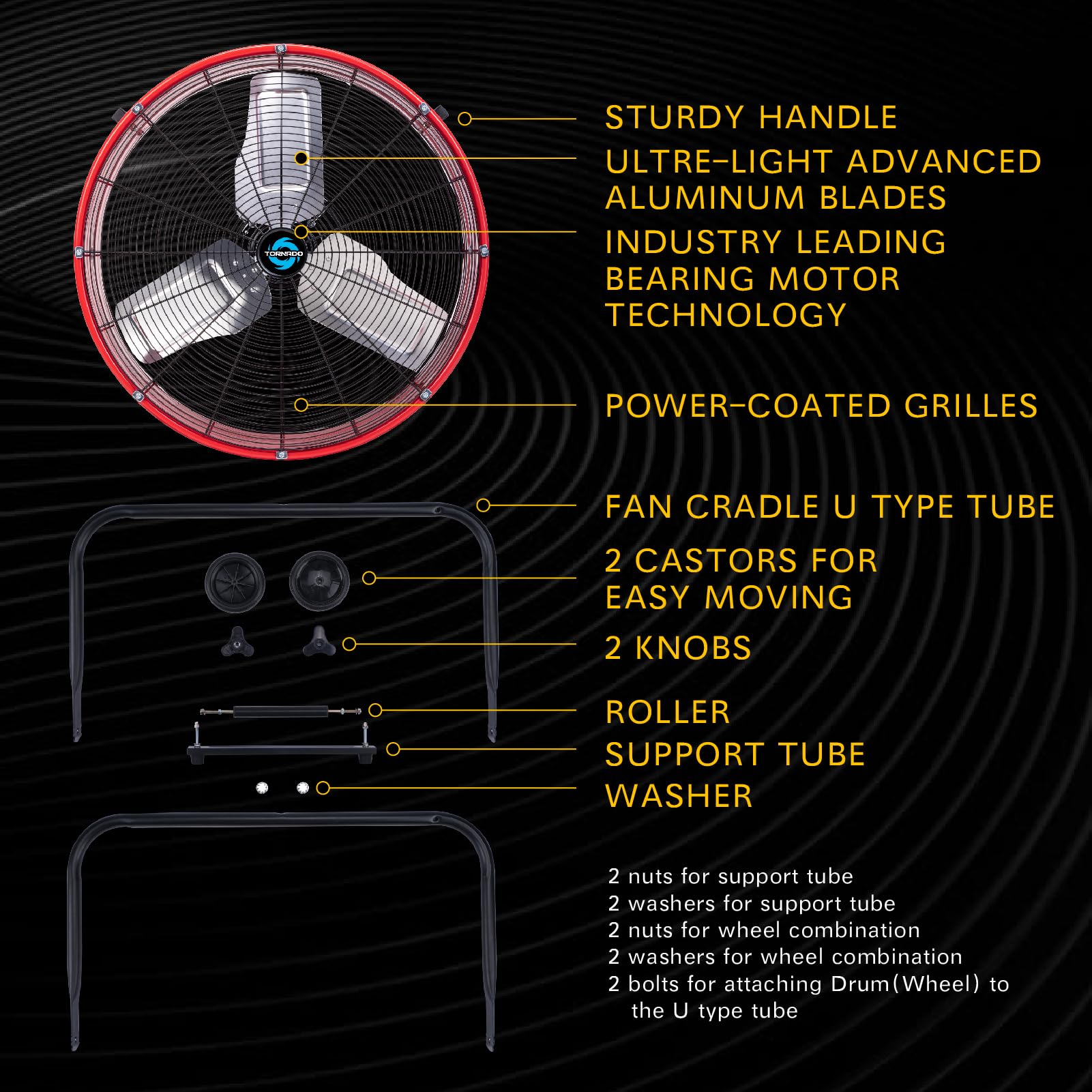 Tornado 24 Inch High Velocity Heavy Duty Tilt Metal Drum Fan Wide Version Red Commercial, Industrial Use 3 Speed 8800 CFM - 8 FT Cord UL Safety Listed