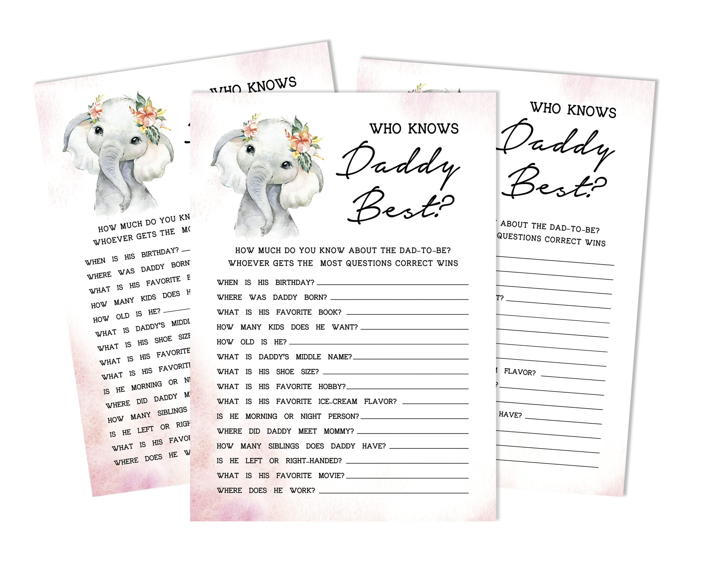 Inkdotpot Baby Elephant Girl Jungle Animals 50 Pack Who said it Knows Daddy Best Baby Shower Game Cards Fun Activity Cards