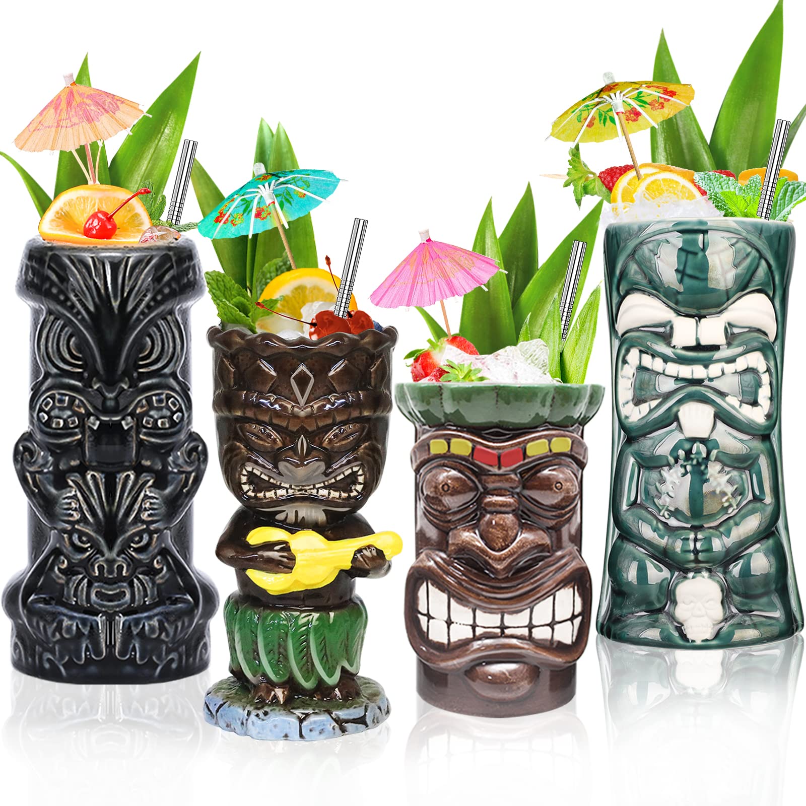 Tiki Glasses Tiki Mug for Cocktails Set of 4 Large Ceramic Tropical Cups Hawaiian Tiki Party Creative Cocktail Glass Drinks Bar Drinkware Premium Tropical Exotic Cute Barware 4 Packs Gift