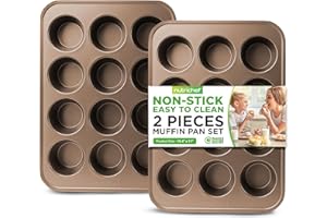 NutriChef 2-Piece Nonstick Muffin Pan Set - Carbon Steel Cupcake Baking Pans with 12 Cups - 15 inch x 11 inch Baking Tray Set - Gold