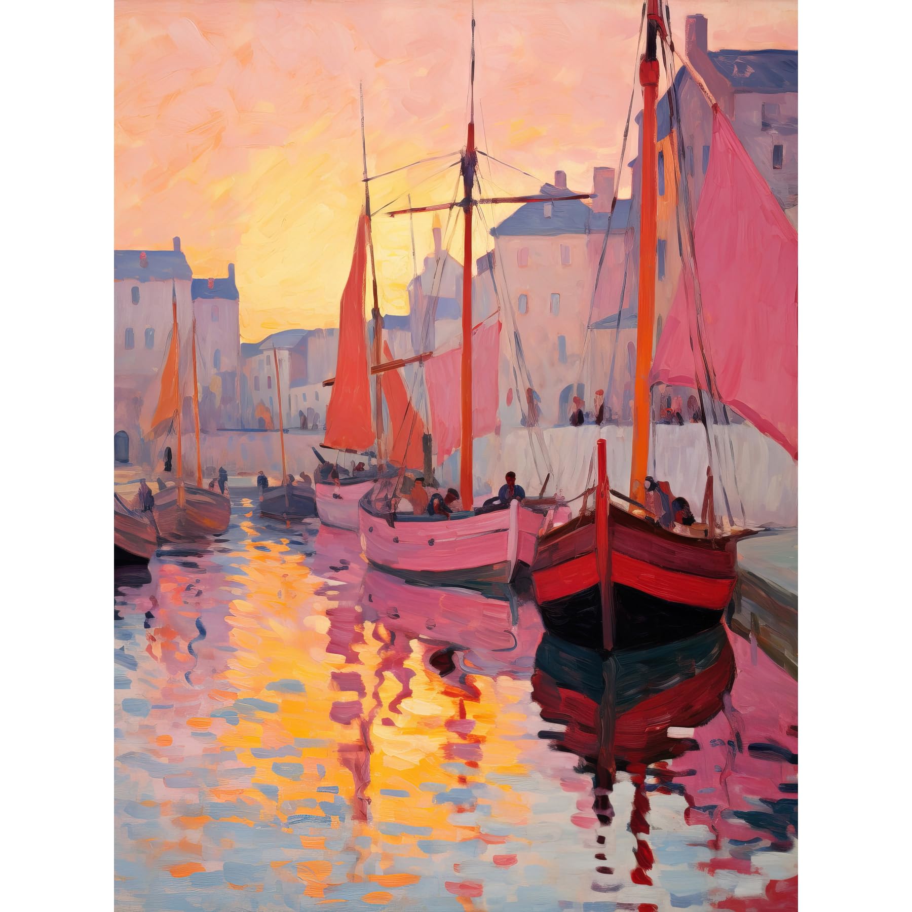 Artery8 Sailboats Reflecting in Harbour Water Pink Orange Sunset Oil Painting Anchoring by Promenade Extra Large XL Wall Art Poster Print