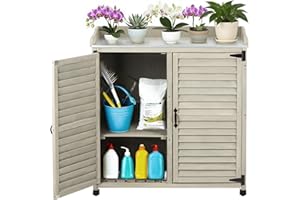 FTCBNet Outdoor Potting Bench with Metal Work Top,Waterproof Garden Storage Cabinet,Wooden Tool Station Shed for Backyard,Patio,Lawn Gardening