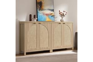 SICOTAS 68" W Rattan Sideboard Buffet Cabinet with Storage Set of 2, Mid Century Modern Credenza with Arch Doors & Shelves Boho Coffee Bar Media Console Cabinets for Kitchen, Living Room, Entryway