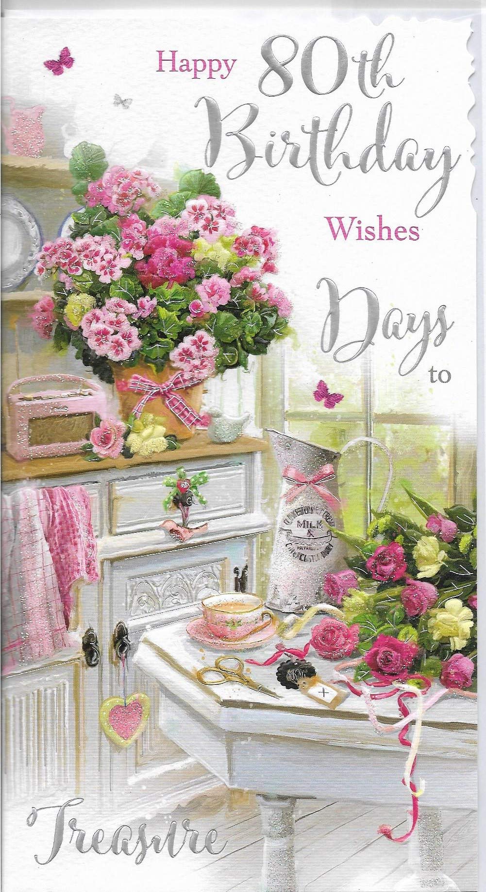 Velvet Moments Beautiful Artistic Female 80th Birthday Card From the Range - Flower Arrangement and Pink Radio - Attractive Embossed, Foil and Flitter Finish - Greeting Card For Her (JJ-VM100)