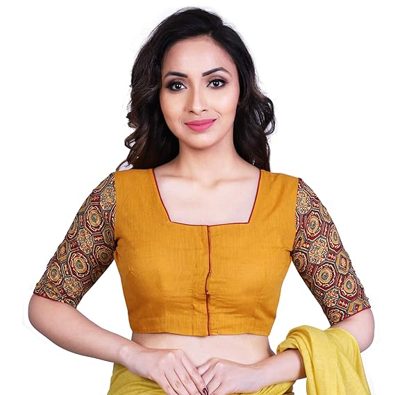 Women's South Cotton Printed Stitched Blouse (D-005346-Yellow)