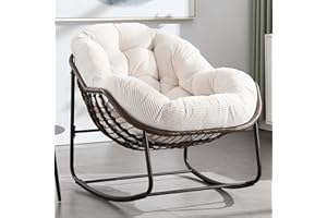 HOMEFUN Outdoor Patio Rocking Chairs, Oversized Papasan Rock Chair Indoor with Striped Velvet Padded Cushion - Rocker Egg Seat for Front Porch, Garden, Patio, Backyard White