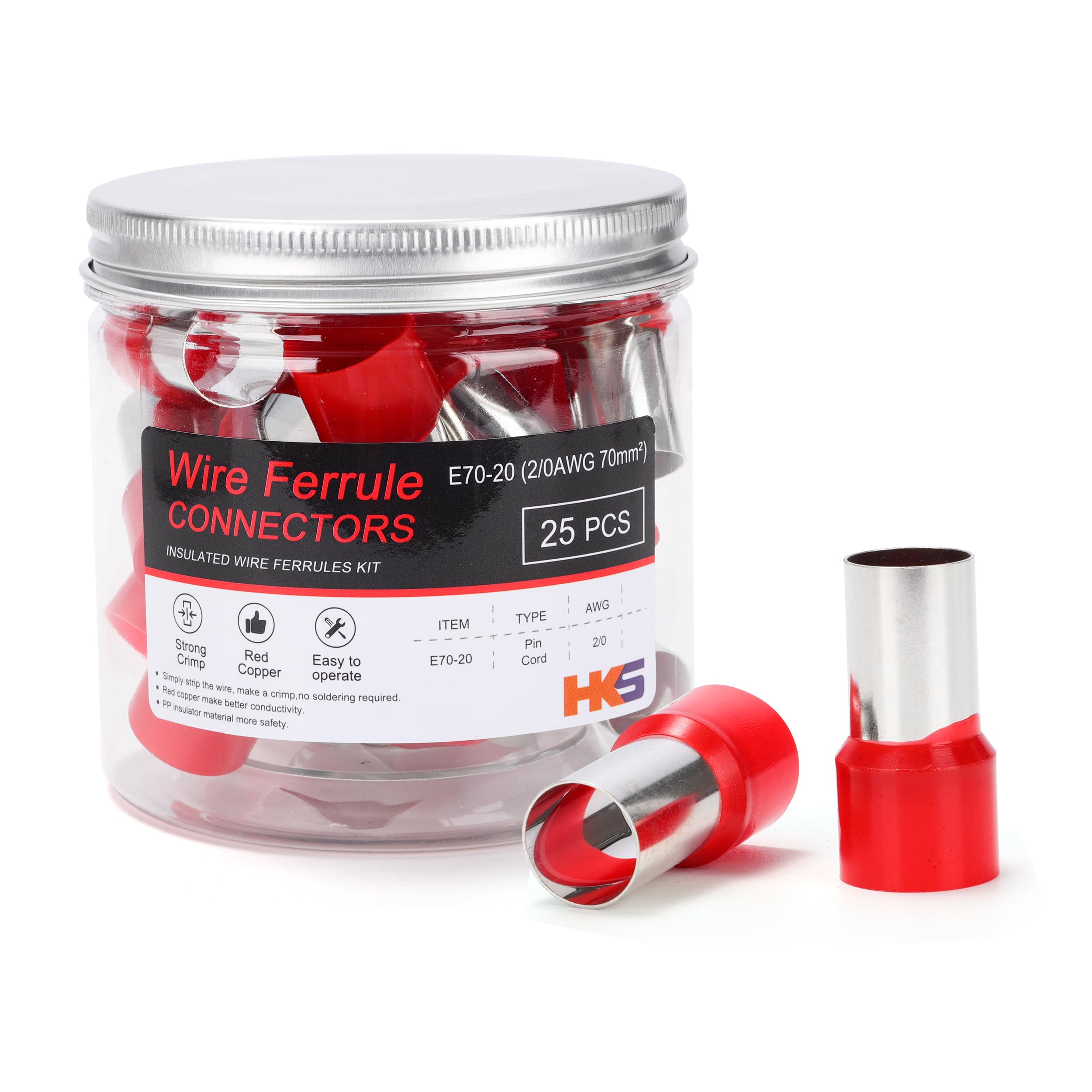 Photo 1 of HKS 25PCS Wire Ferrules Connectors - AWG2/0-70.0mm² Copper Barrel Pin Cord Ends Insulated Ferrule Terminals for Wiring Electrical Crimp E70-20 Red