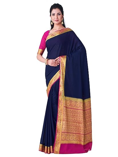 Women's Mysore Silk Crepe Saree With Unstitched Blouse piece (55_Navy Blue)