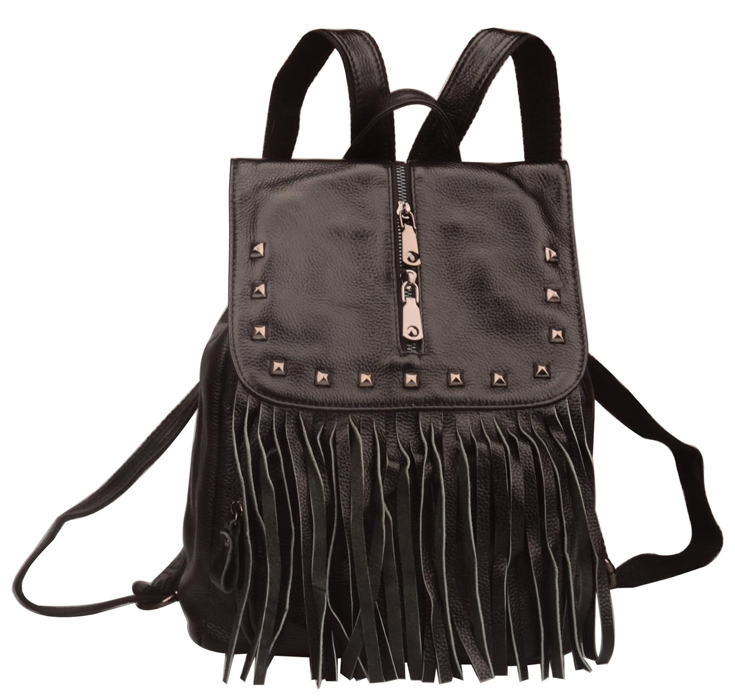 black fringe backpack purse