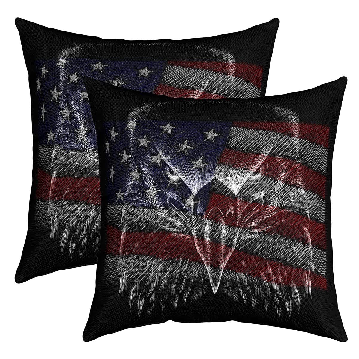 Loussiesd Set of 2 American Flag Throw Pillow Covers Owl Cushion Case for Home Living Room Decor Reversible 3D Animal Printed Bird Decor Red Blue Black Decorative Throw Cushion Case 16x16 Inch