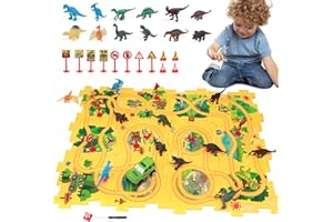 XAZASTOV Puzzle Track Car Play Set with 12 Dinosaur Figures, Plastic Railcar Floor Puzzles for Kids Ages 3-5 with Vehicles, Toys Gifts for 3 4 5 6 Year Old Boys