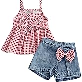NANCHNEGGU 2PCS Baby Girl Strap Tank Tops Sleeveless Plaid Shirt Dress + 3D Bow Split Hem Denim Skirt Shorts Sets