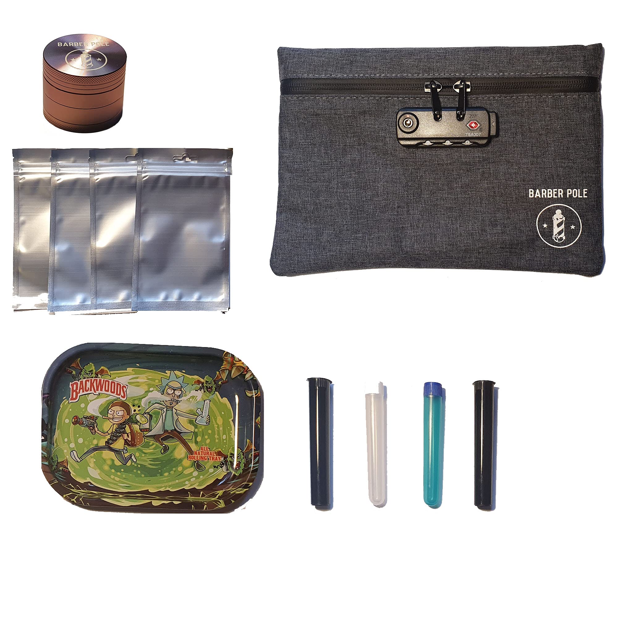 Smell Proof Bag Including Tray, 4 Storage Tubes, 3 Smell Proof Mylar Bags Plus Free spuce Grinder