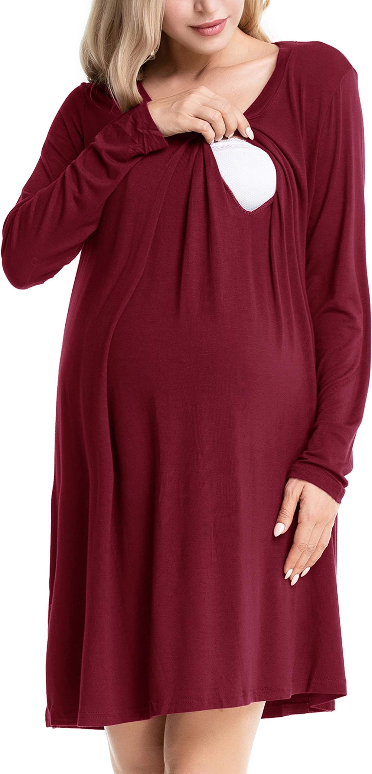 Odosalii Women's Maternity Dress Pregnancy Nightwear Double Layers Nursing Dress Breastfeeding Nightgown