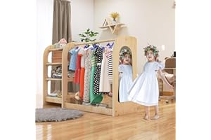 Qifeila Kids Dress Up Storage with Mirror, Wooden Kids Dress Up Rack for Little Girls and Boys, Kid Wardrobe Closet with Storage Shelf