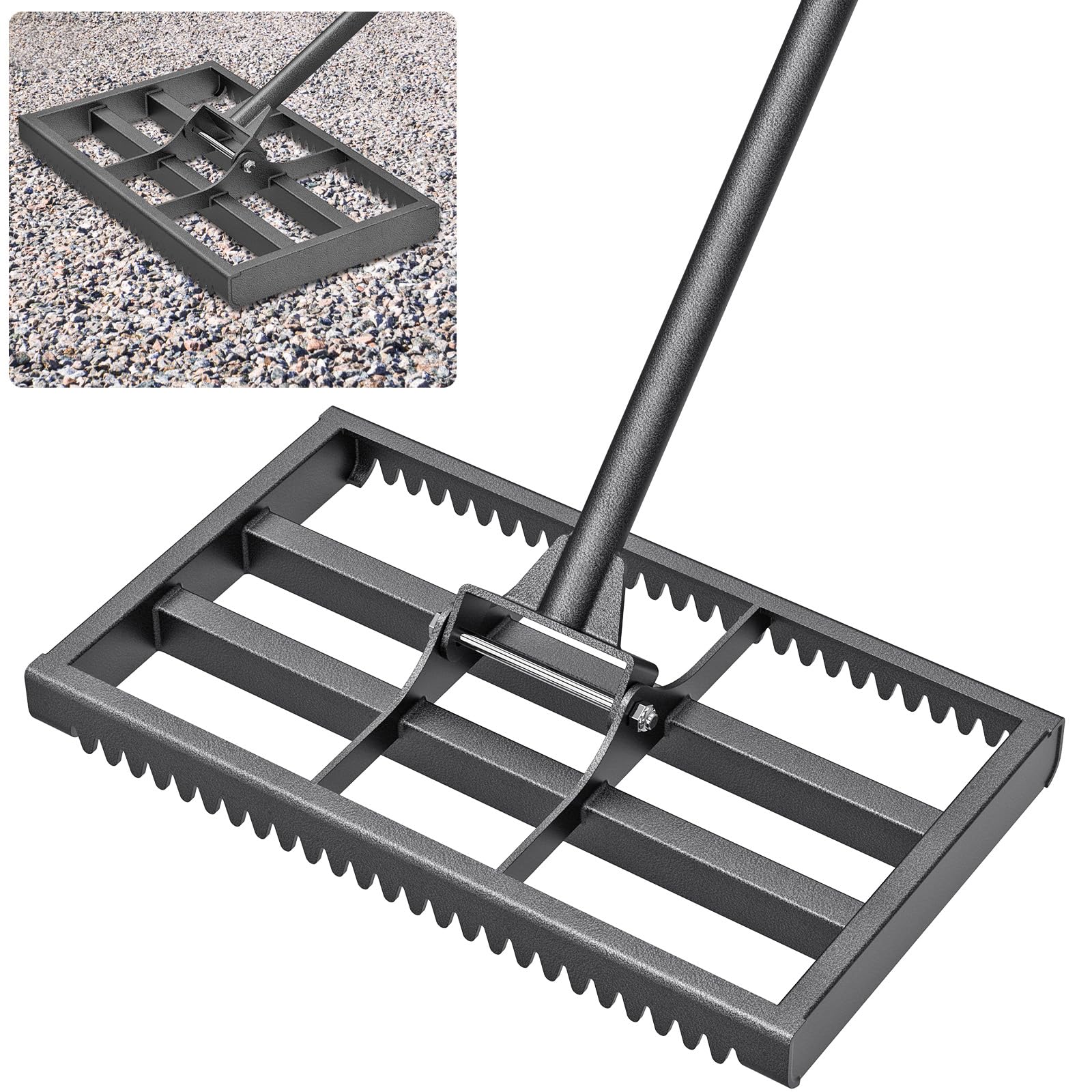 Insaga Lawn Levelling Rake, 43 x 26cm Garden Ground Leveller Lute with Tines & Adjustable 1.2-2M Long Handle Heavy Duty Grass Soil Sand Seeding Level Tool for Backyard / Golf Course / Farm