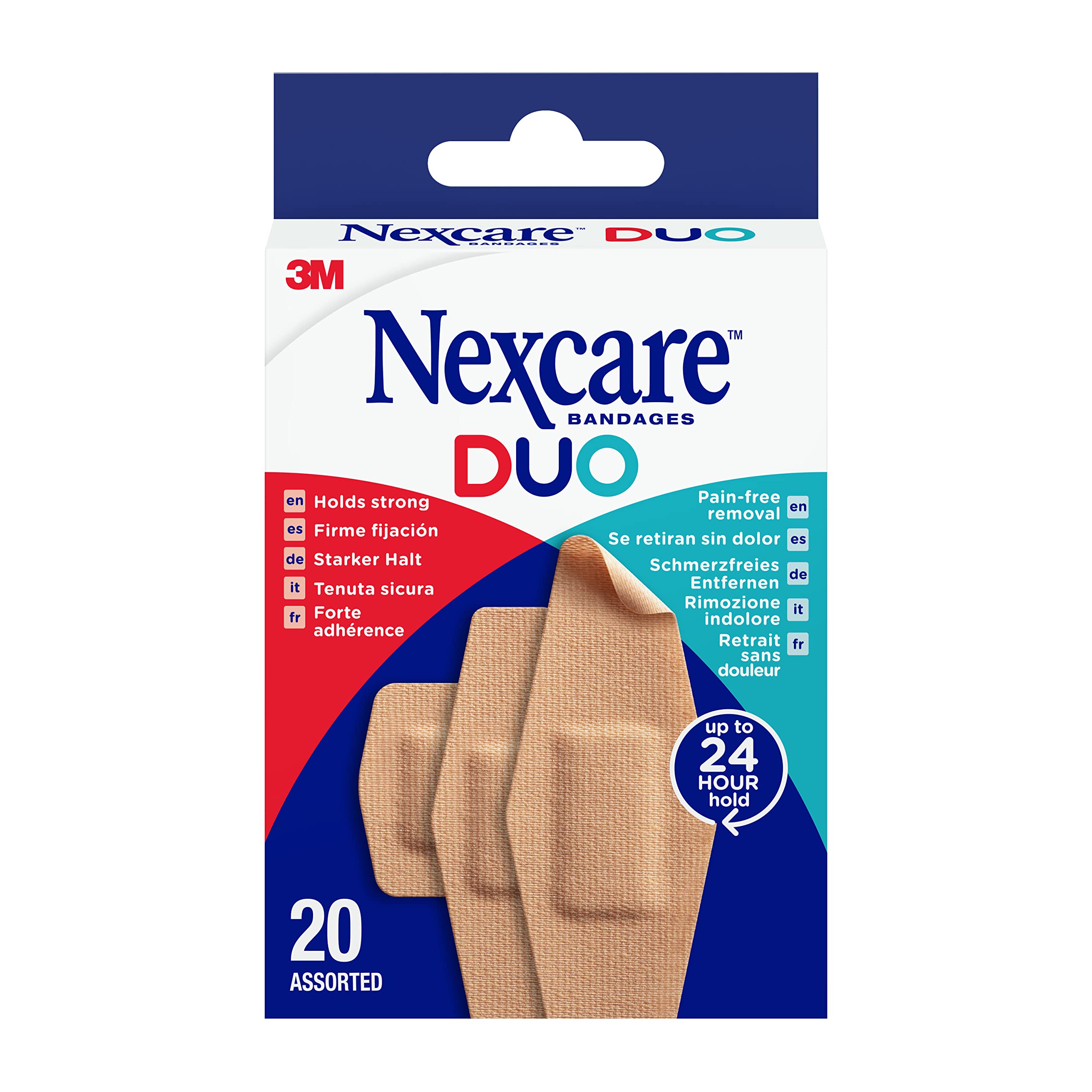 Nexcare DUO Plasters, Assorted Sizes, 20 Plasters per Pack, Holds Strong for up to 24 Hours, Pain-free Removal, Water Resistant, for Wounds and Minor Scratches, Bandages for First Aid Kits
