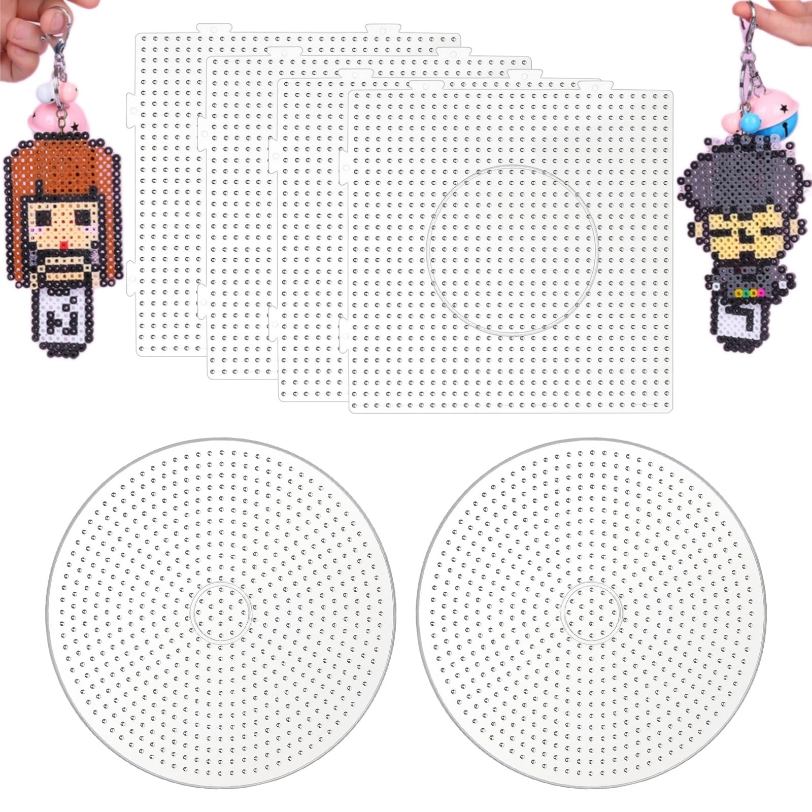 6Pcs 5mm Fuse Beads Boards, Large Beads Pegboards(Round Square),Transparent Bead Boards for DIY Handmade Products for Kids Adults Christmas Children's Day