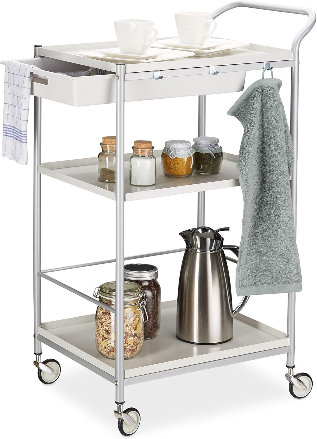 Carrello Da Cucina Pieghevole Con 4 Ruote - 2 Ripiani, Nero, 68.5x68x40.5 Cm