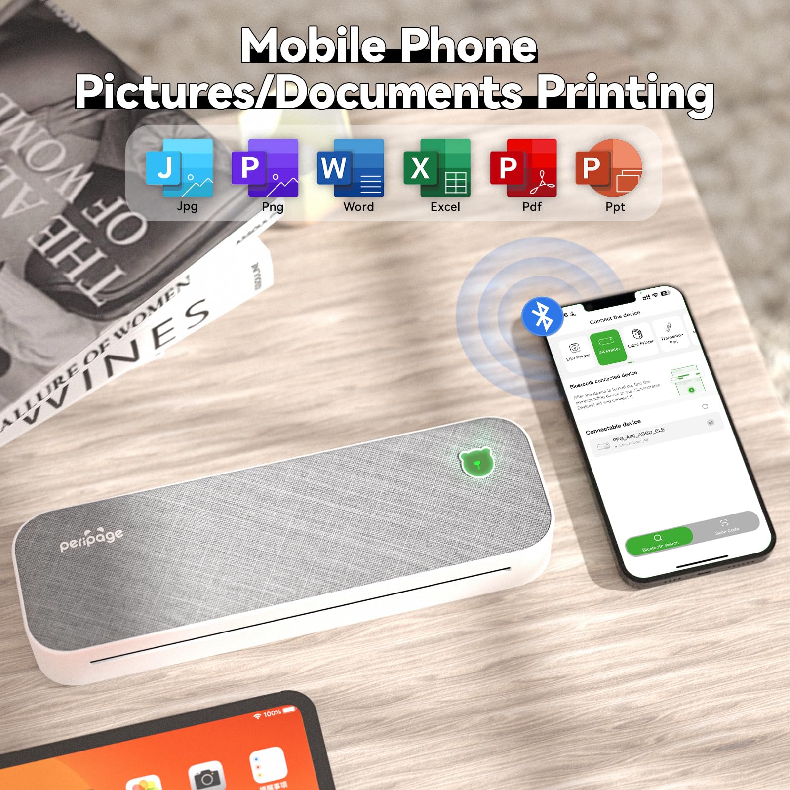 PeriPage A40 Thermal Inkless Portable Printer, Supports US Letter & Legal Length, Wireless Bluetooth Mobile Travel Compatible with Android and iOS, Prints Documents,Tattoo Paper, Photos Grey