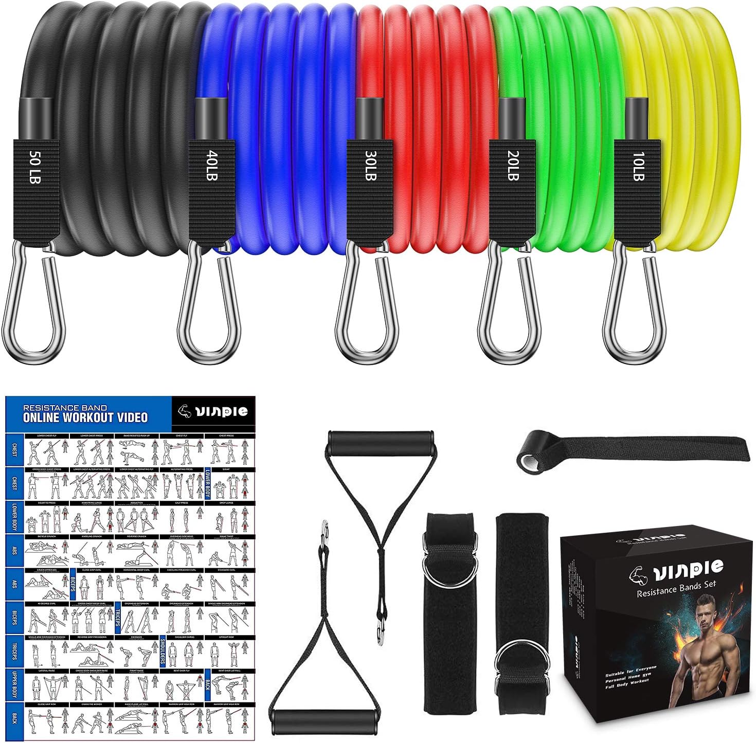 Vinpie Resistance Bands Set, [2020 Newest] Exercise Bands with Handles Door Anchor for Men Women, Waterproof Carry Bag, for Resistance Training, Fitness,Home Workouts,Gym Training,Yoga